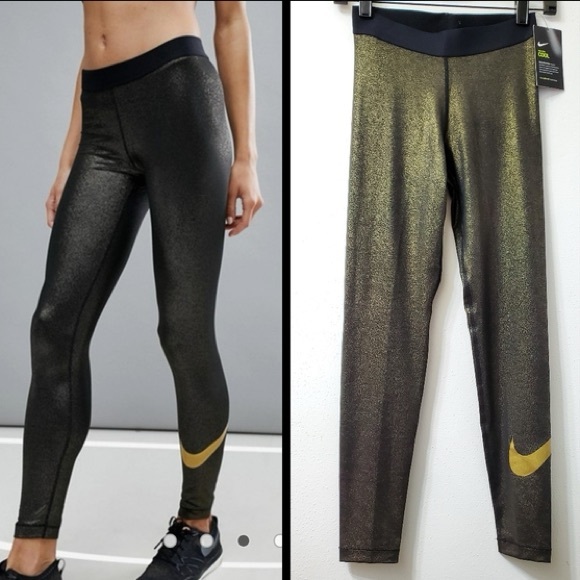 NWT Nike Pro Training Legging Black Cool Gold Metallic Sparkle - Picture 2 of 11